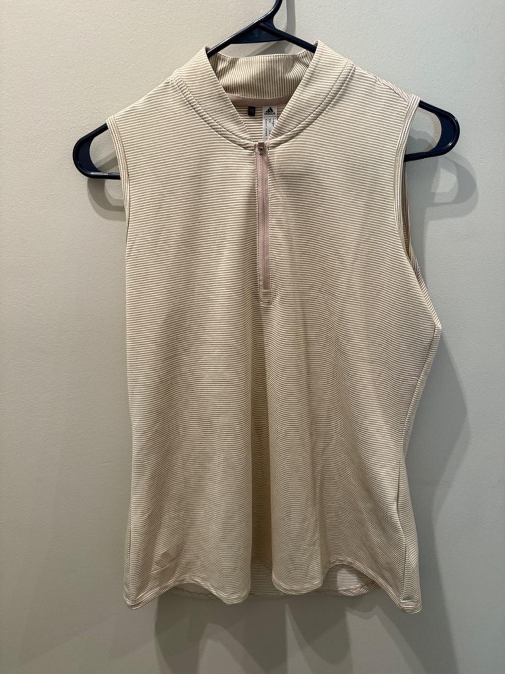 adidas Cream Ribbed Sleeveless Mock Neck Tank with Zip
